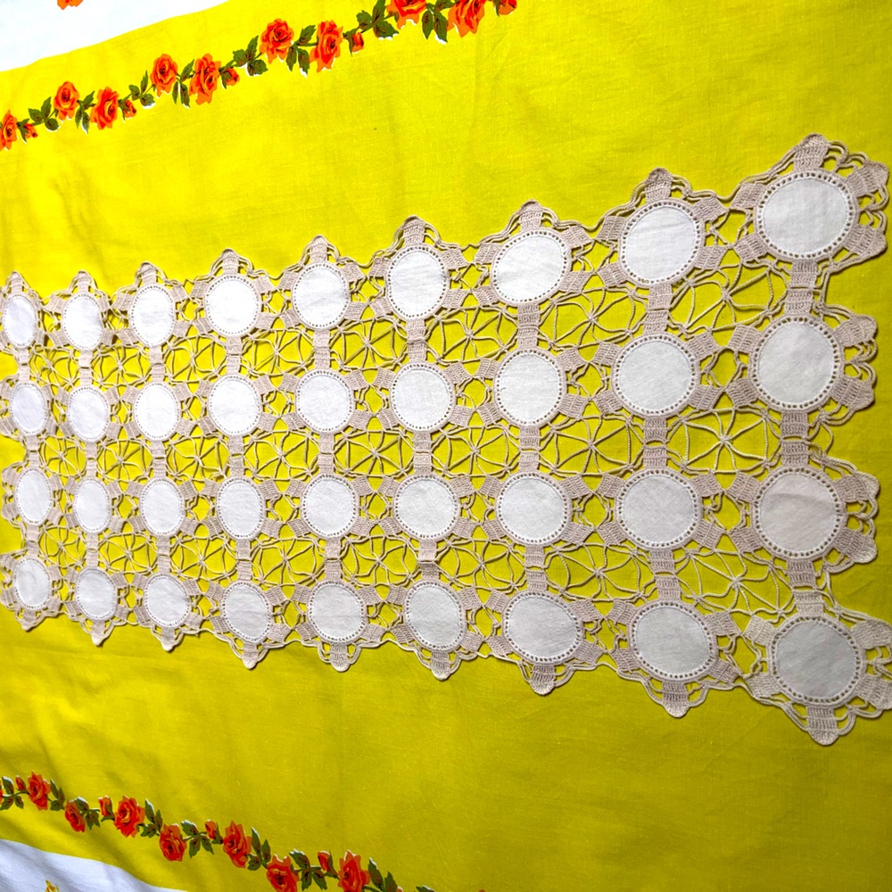 Vintage Handmade Linen & Cotton Crochet Mid Century Table Runner